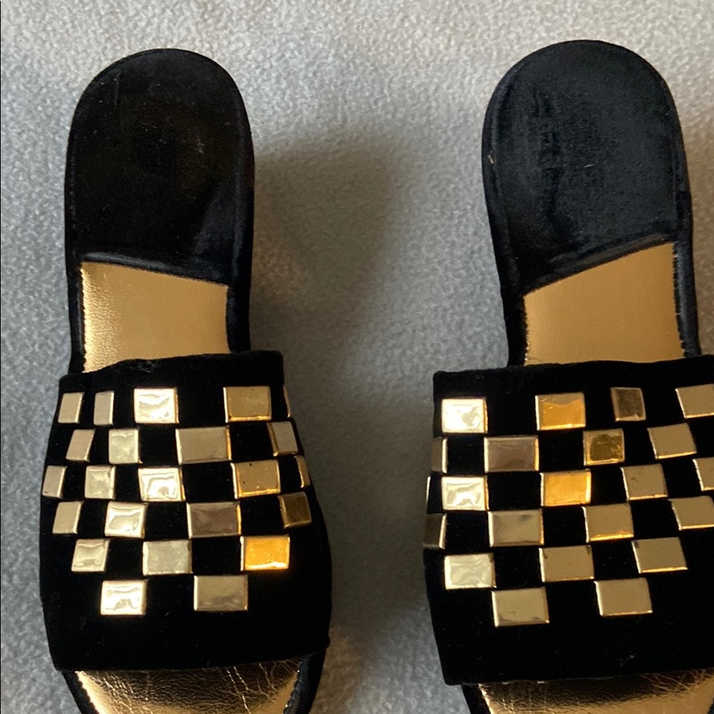 Black and Gold Checkerboard Sandals with Open Back
